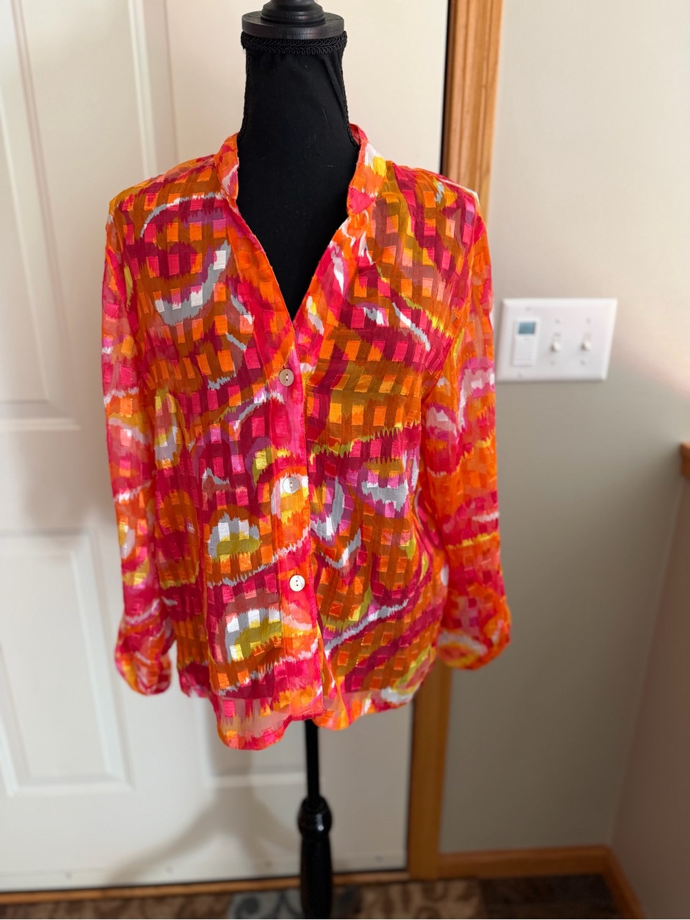 Ruby Rd Favorites sheer abstract orange pink yellow long sleeve shirt. Size 8